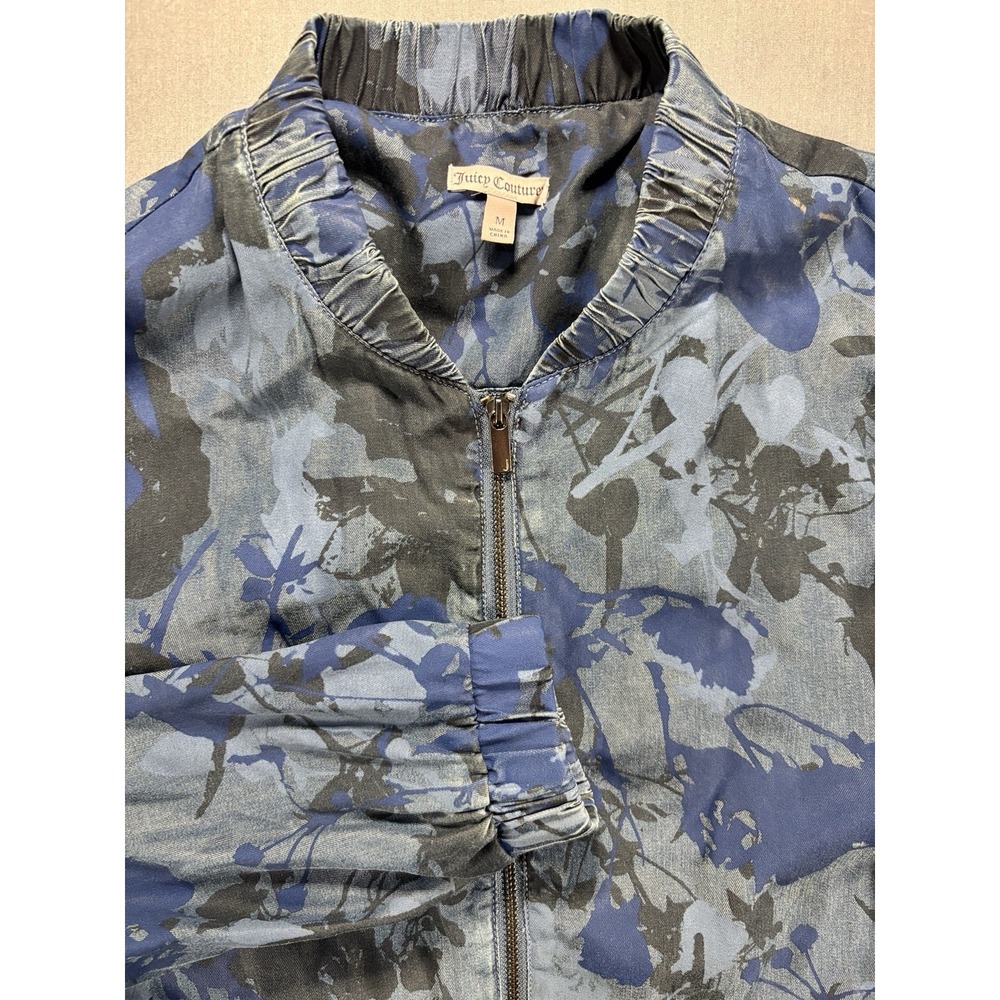 Juicy Couture Floral Bomber Jacket Full Zip Long Sleeve Women's M Navy Blue